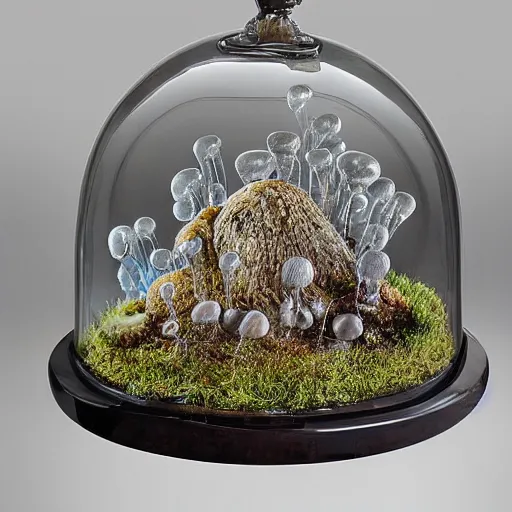 Prompt: clear glass cloche with mouldy lemon inside, covered with a fungal growth, style by Peter Lippmann, intricate detail,