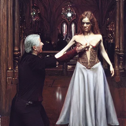 Prompt: woman bows to her vampire master, a sharp realistic painting by donato giancola and berthold woltze.