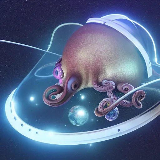 Prompt: a stunning rendition of an octopus wearing a space helmet, LED visor, hyperrealistic, octane render, pearlescent skin, floating in space