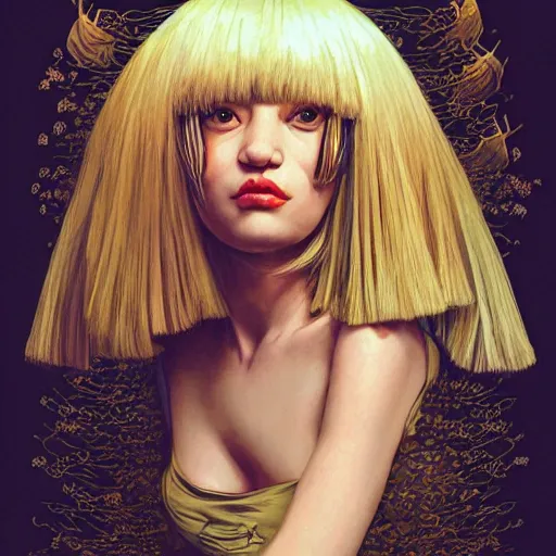 Image similar to portrait of crazy screaming beautiful singer sia kate isobelle furler, big ribbon, ymmetrical, by yoichi hatakenaka, masamune shirow, josan gonzales and dan mumford, ayami kojima, takato yamamoto, barclay shaw, karol bak, yukito kishiro