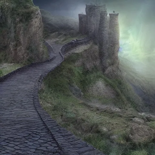 Image similar to a long winding pathway with deep cliffs on both sides, with a mysterious dark castle at the of the path, digital art, 8 k, concept art