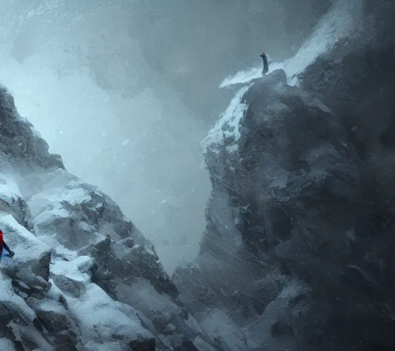 Image similar to a climber climbs a snowy mountain in a storm, close view, painting by craig mullins, octane rendering, soft morning lighting, wide angle lens, in the style of hayao miyazaki, trending on artstation,
