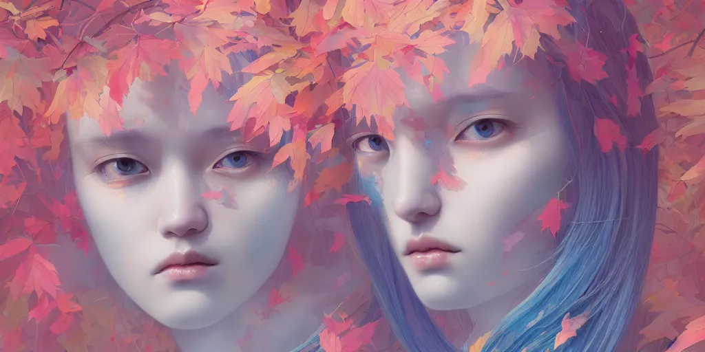 Image similar to breathtaking detailed concept art painting pattern with gradient pastel colors of blue hair faces goddesses amalgamation autumn leaves with anxious piercing eyes, by hsiao - ron cheng and james jean, bizarre compositions, exquisite detail, 8 k