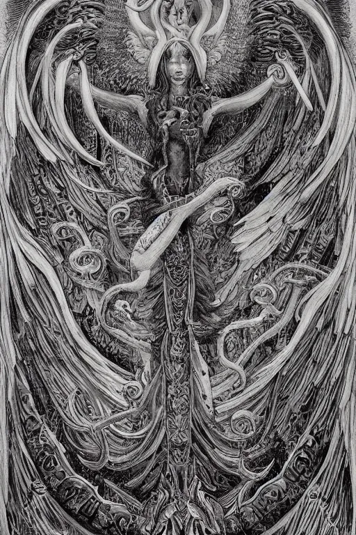 Image similar to a beautiful painting of full - body quetzalcoatl, wisdom, good and evil, white ink + magical + symmetrical + detailed intricate + heraldic design + atmosphere high details, in the style of jean delville, artstation, 8 k, 4 k, cinematic