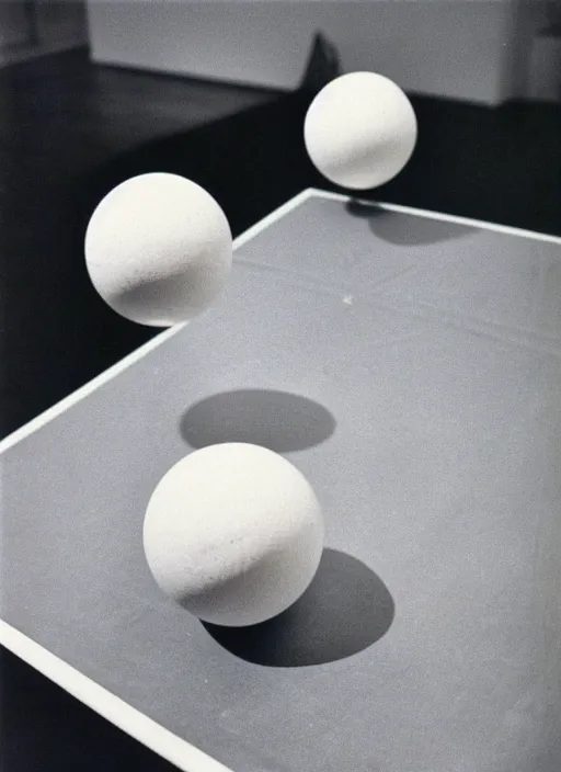 Prompt: realistic object photo of ping pong balls sculpture, readymade, dadaism, fluxus, 1 9 9 0, life magazine photo