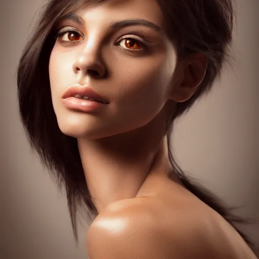 Prompt: Portrait photo of a Brazilan Supermodel, olive skin, volumetric lighting, long dark hair, beautiful bone structure, highly detailed