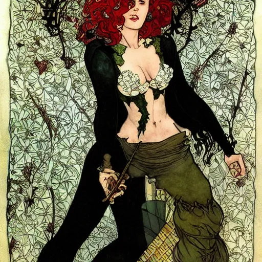 Image similar to a beautiful painting of poison ivy as a lawyer dressed in a three piece suit arguing a case in a court, dark eyeliner, intricate, elegant, highly detailed, digital painting, artstation, concept art, matte, sharp focus, illustration, art by rebecca guay and by arthur rackham and by alphonse mucha and by john william waterhouse