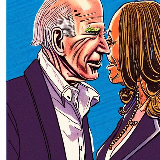 Image similar to The Artwork of R. Crumb and his Cheap Suit - Joe Biden and Kamala Harris, pencil and colored marker artwork, trailer-trash lifestyle