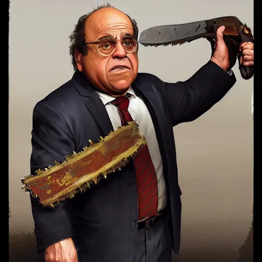 Image similar to hyperrealistic mixed media image of danny devito holding a chainsaw in gta v, stunning 3 d render inspired art by xiang duan and thomas eakes and greg rutkowski, perfect facial symmetry, hyper realistic texture, realistic, highly detailed attributes and atmosphere, dim volumetric cinematic lighting, 8 k octane detailed render, post - processing, masterpiece,