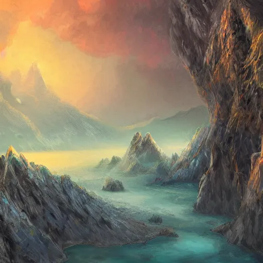 Image similar to Realm between the mountains and the sea, fantasy, digital painting, extra detailed