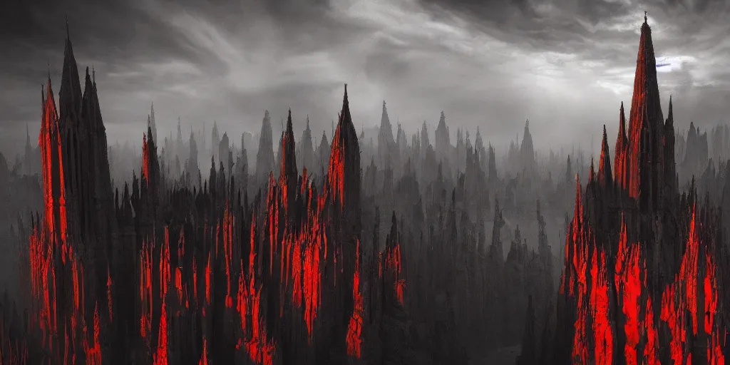 Image similar to dark gothic cathedral, gothic architecture, at the top of a red rock canyon, artstation concept art, beautiful matte painting, aerial view, red and orange and black color palette, chiaroscuro lighting