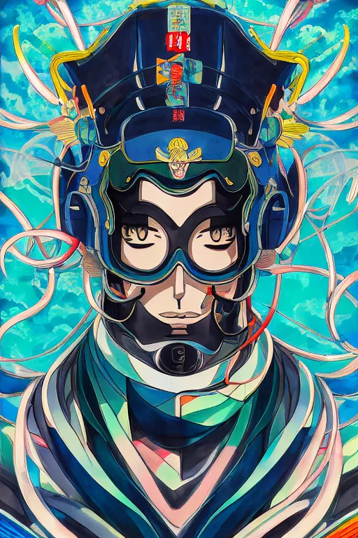 Prompt: abstract portrait of cao cao, 6 0 s anime art, floating detailes, very detailed face, leaves by miyazaki, colorful palette illustration, kenneth blom, mental alchemy, james jean, pablo amaringo, naudline pierre, contemporary art, hyper detailed