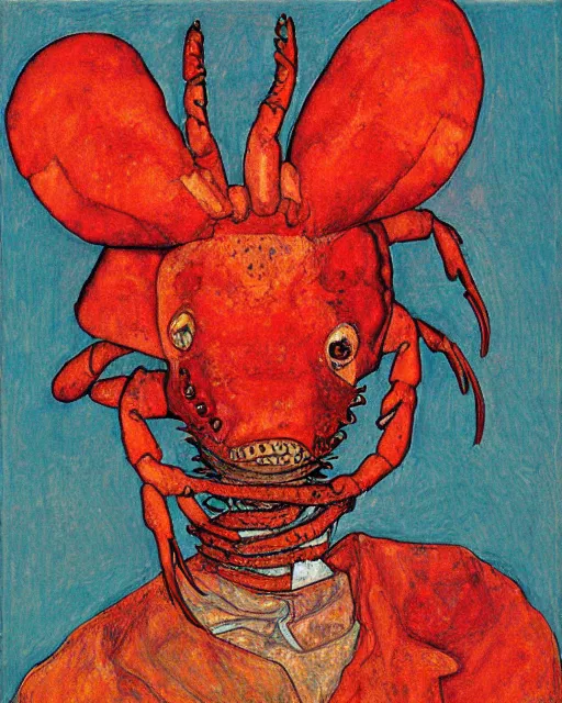 Image similar to portrait of an anthropomorphic lobster by egon schiele in the style of greg rutkowski