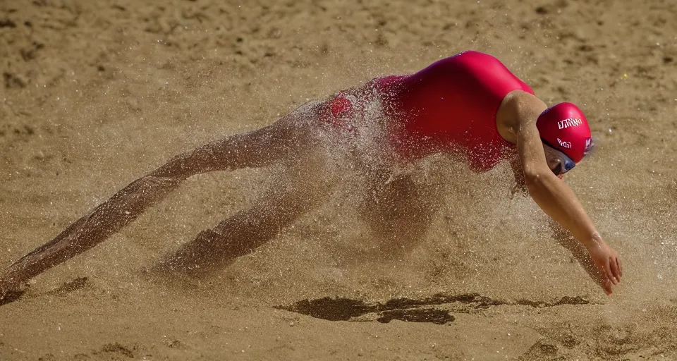 Image similar to olympic swimming in sand instead of water, extremely coherent, motion blur