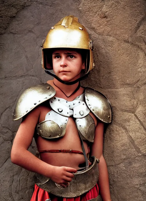 Prompt: portrait of cute young woman dressed gladiator with helmet and armor, color photograph by steve mccurry