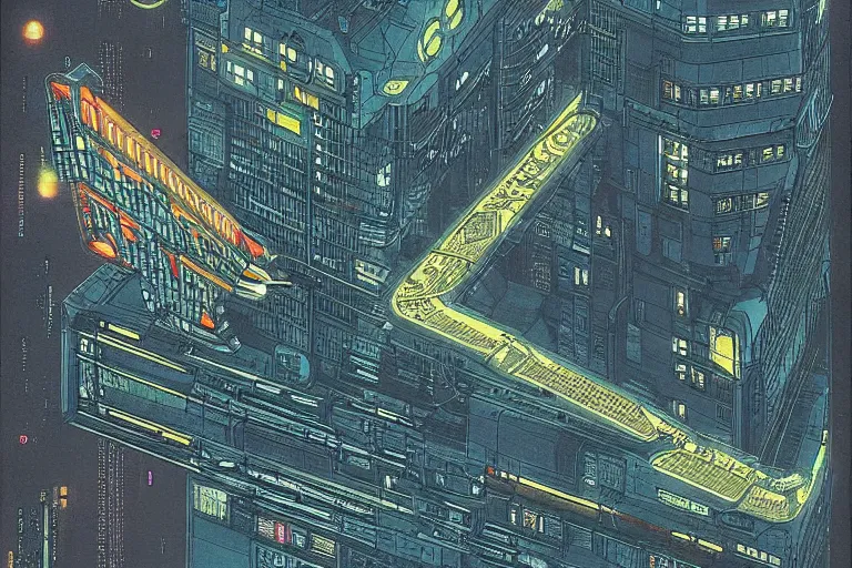 Prompt: cyberpunk buildings with a flight vehicle glowing in the sky, bottom view ， bladerunner, by hiroshige utakawa