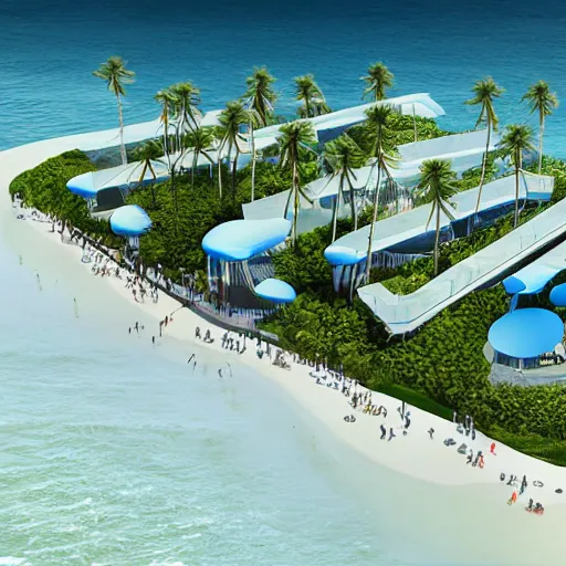 Image similar to architectural renderings, a seaside visitor center consisting of three mushroom - shaped buildings on the blue sea with tall coconut trees ， detailed