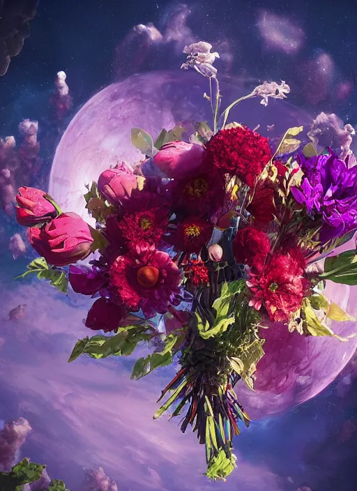 Image similar to An epic fantastic realism comic book style painting of the most beautiful flowers launched into space, bouquets, fisheye lens, unreal 5, DAZ, hyperrealistic, octane render, dynamic lighting