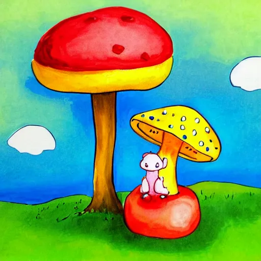 Image similar to a children painting of a cute creature sitting next to a mushroom, detailed, realistic