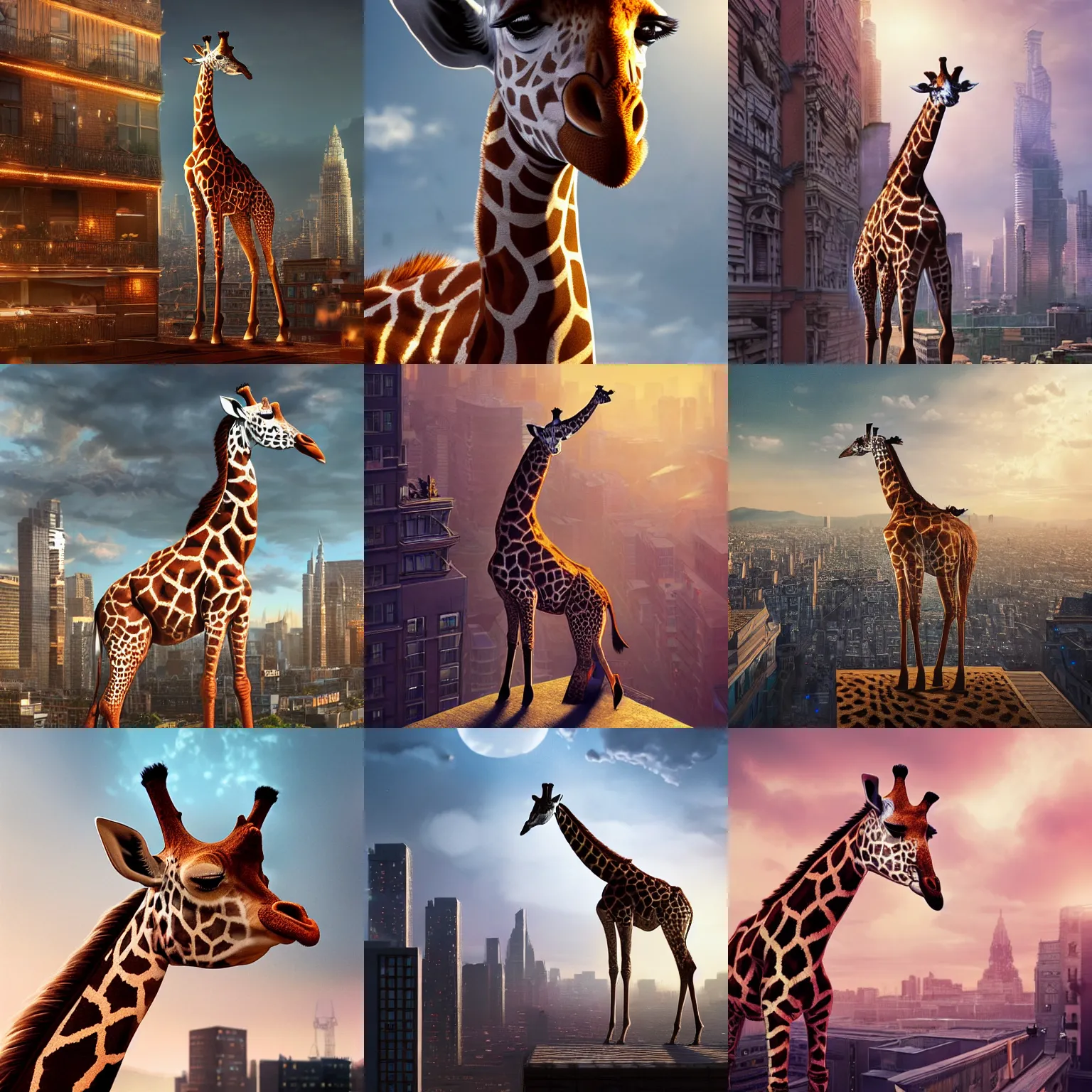Prompt: a full body painting of a [ giraffe standing on rooftop ], intricate, epic lighting, cinematic composition, hyper realistic, 8 k resolution, unreal engine 5, by artgerm, tooth wu, dan mumford, beeple, wlop, rossdraws, james jean, andrei riabovitchev, marc simonetti, artstation