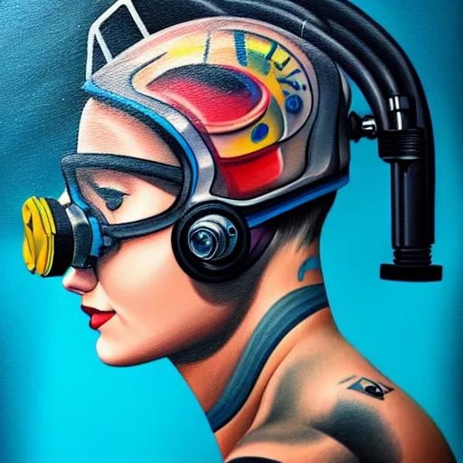 Image similar to a profile photo of a diver with diving helmet with tattoos on arm and neck, side profile in underwater, highly detailed, digital painting, artstation, sharp focus, illustration by Sandra Chevrier