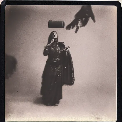 Image similar to an ancient demon-girl using a VR headset, mist , 1910 Polaroid photo, Black and white