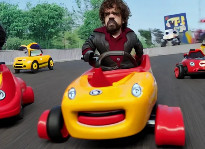 Image similar to peter dinklage racing gary coleman driving a little tikes cars, movie still, from the new fast and furious movie, 8 k, realistic