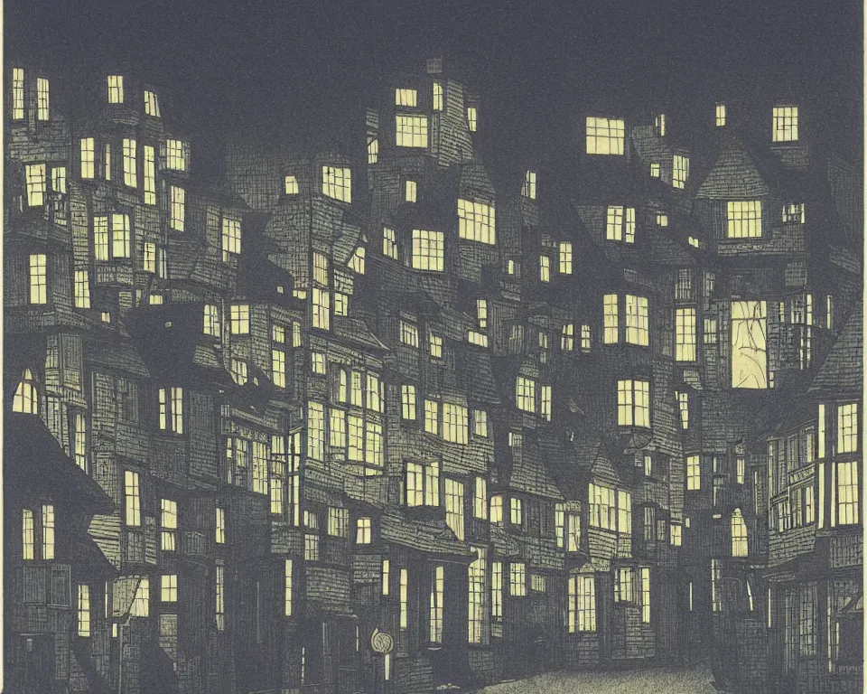 Prompt: achingly beautiful print of a street lined with townhouses bathed in moonlight by Hasui Kawase and Lyonel Feininger.