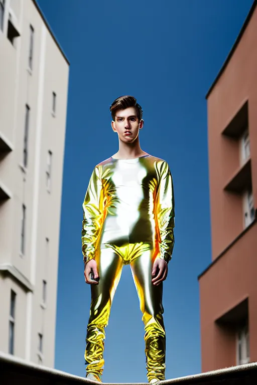 Image similar to un ultra high definition studio quality photographic art portrait of a young man standing on the rooftop of a british apartment building wearing soft inflatable padded iridescent refractive clothing. three point light. extremely detailed. golden ratio, ray tracing, volumetric light, shallow depth of field. set dressed.