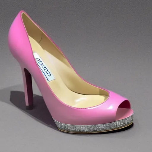 Image similar to pink leather 1 5 cm high heel shoes with 7 cm platform with ribbon to the ankle stripe designed by jimmy choo, photorealistic, beautiful, architecture, clean, highly detailed, 8 k, ornate detail