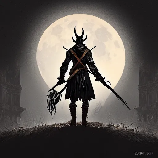 Image similar to an ultra detailed vector image of solaire of astora dressed as the hunter from bloodborne, concept art by alphonse mucha and greg rutkowski, scary shadows, blood moon eclipse, octane render, liminal space