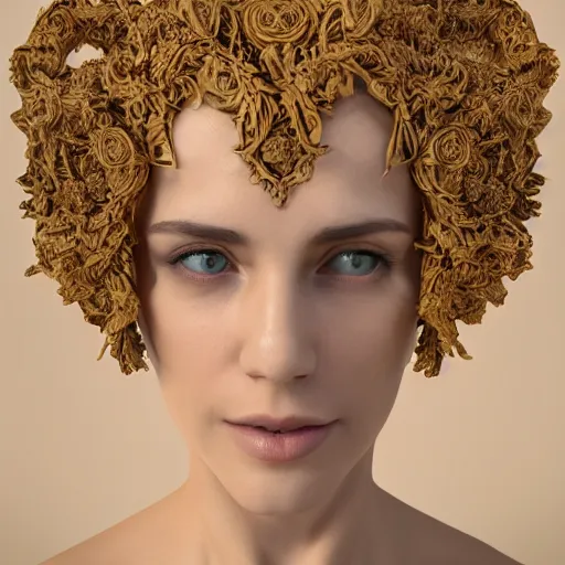 Image similar to beatifull face portrait of a woman, 150 mm, anatomical, flesh, flowers, mandelbrot fractal, facial muscles, veins, arteries, intricate, golden ratio, full frame, microscopic, elegant, highly detailed, ornate, ornament, sculpture, elegant , luxury, beautifully lit, ray trace, unreal, 3d, PBR, in the style of peter Gric , alex grey and Romero Ressendi