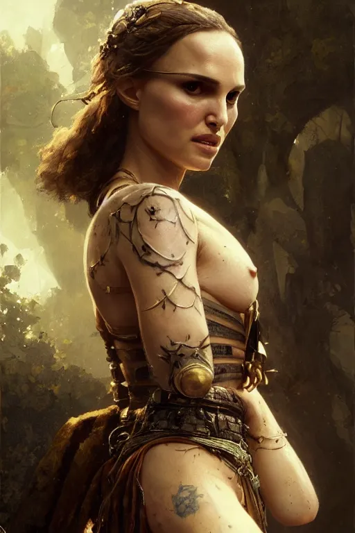 Image similar to natalie portman, warrior, lord of the rings, tattoos, decorated ornaments, by carl spitzweg, ismail inceoglu, vdragan bibin, hans thoma, greg rutkowski, alexandros pyromallis, perfect face, fine details, realistic shadeing