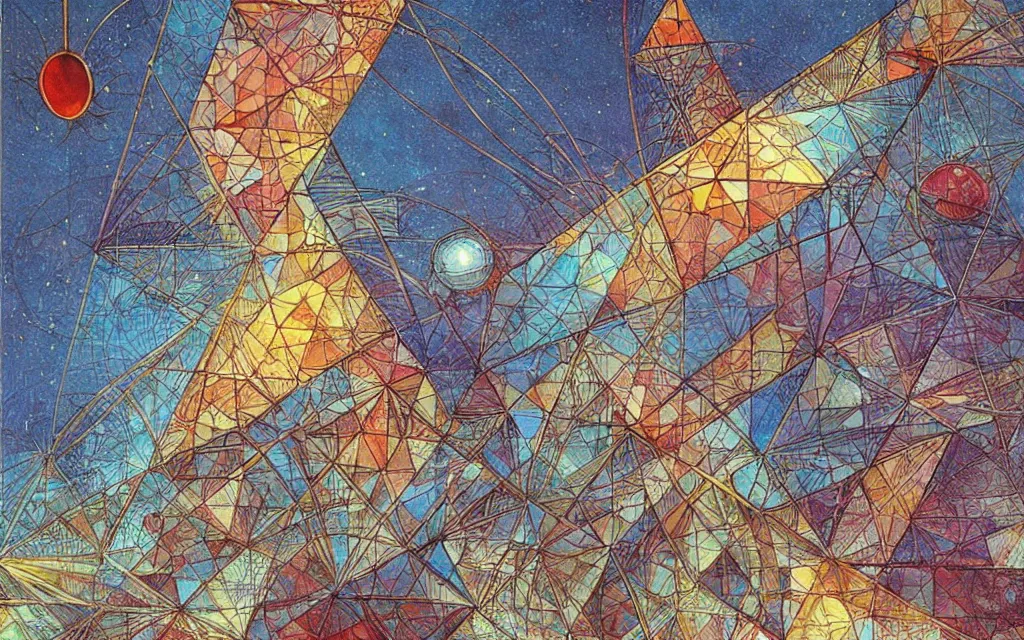 Prompt: triangles. retro art by jean giraud. fibonacci. by brian froud, yoshitaka amano, kim keever, victo ngai