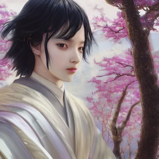 Prompt: a young beautiful prince, golden eyes, long black hair, white hanfu, elegant, intricate, backlit, incredible lighting, strong rim light, subsurface scattering, hyper realistic anime, HDRI, vivid colors, high contrast, unreal engine, cgsociety, octane render, beautiful landscape, cherry trees, highly detailed digital painting, by Heise Jinyao, Heise-Lian Yan Fang, Feimo, Rossdraws, Sakimichan, trending on artstation, 8k