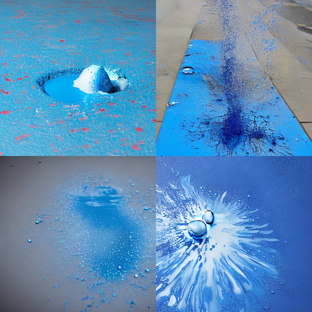 Prompt: ball splashing into a puddle of blue paint, big splash