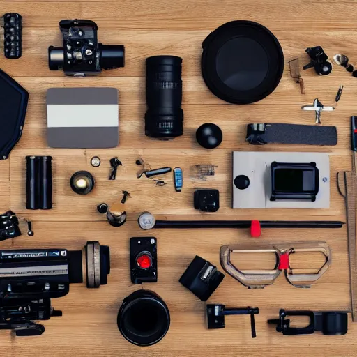 Image similar to flat lay filmmaking equipment, photorealistic, detailed, hyperreal,