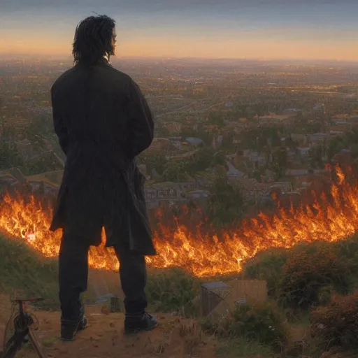 Image similar to a man with black hair and beard, wearing a black jacket and jeans, looking at a burning village in the distance, highly detailed painting by donato giancola and bayard wu, 8 k, digital art