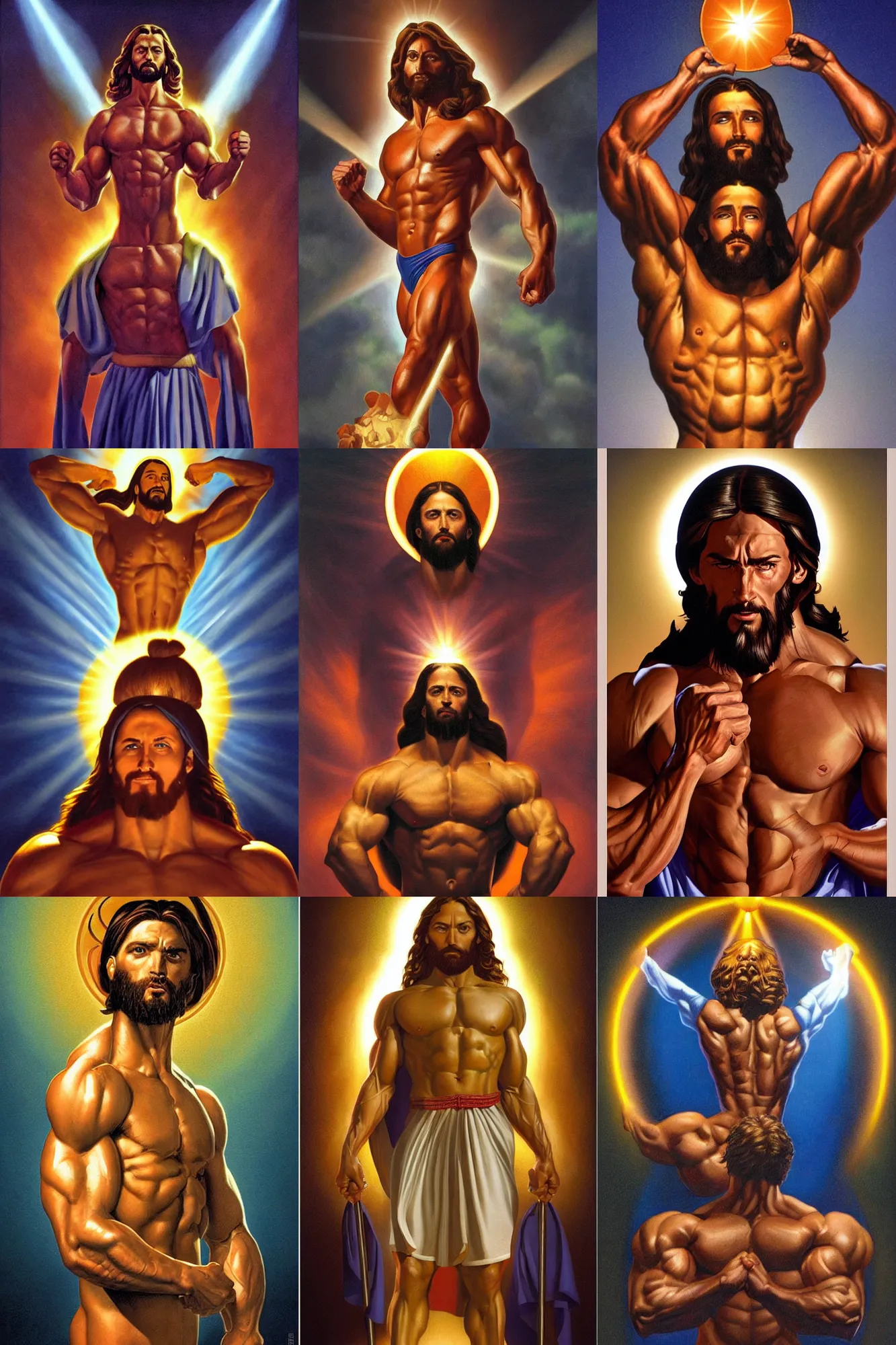 Prompt: jesus as a bodybuilder by greg hildebrandt, halo above head, dramatic lighting