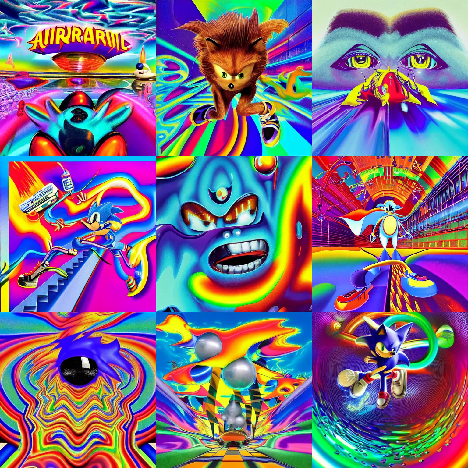 Prompt: surreal, detailed hyperrealistic sonic portrait professional, high quality airbrush art tame impala album cover of a liquid dissolving airbrush art lsd dmt sonic the hedgehog dashing through cyberspace, purple checkerboard background, 1 9 8 0 s 1 9 8 2 sega genesis video game album cover