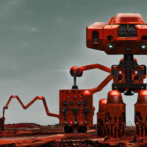 Image similar to giant scary quadrupedal mining drone with drill, four legs, highly detailed body, retro, industrial, dark, dystopian, apocalyptic, clean, in the style of simon stalenhag, 8 5 mm f / 1. 4