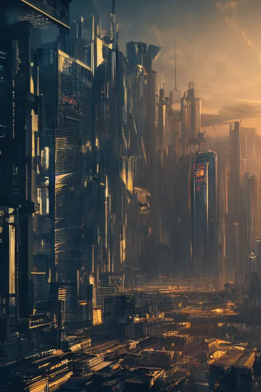 Image similar to cyberpunk cityscape like tokyo nework with tall buildings at dusk golden hour cinematic lighting, epic composition. A golden daylight, hyper-realistic environment. Hyper and intricate detail, photo-realistic. Cinematic and volumetric light. Epic concept art. Octane render and Unreal Engine, trending on artstation