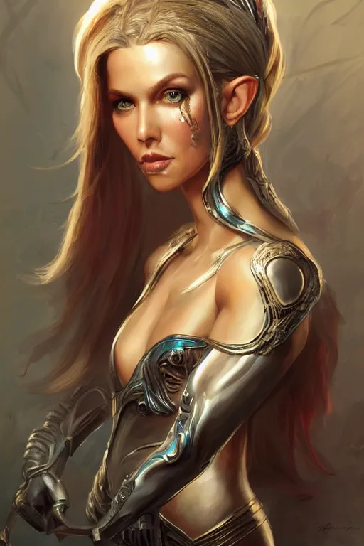 Image similar to three-quarters portrait pose of a beautiful woman, slim body, shining armor, elf warrior, fantasy, intricate, elegant, highly detailed, digital painting, artstation, concept art, matte, sharp focus,D&D, illustration, art by Artgerm and Peter Andrew Jones