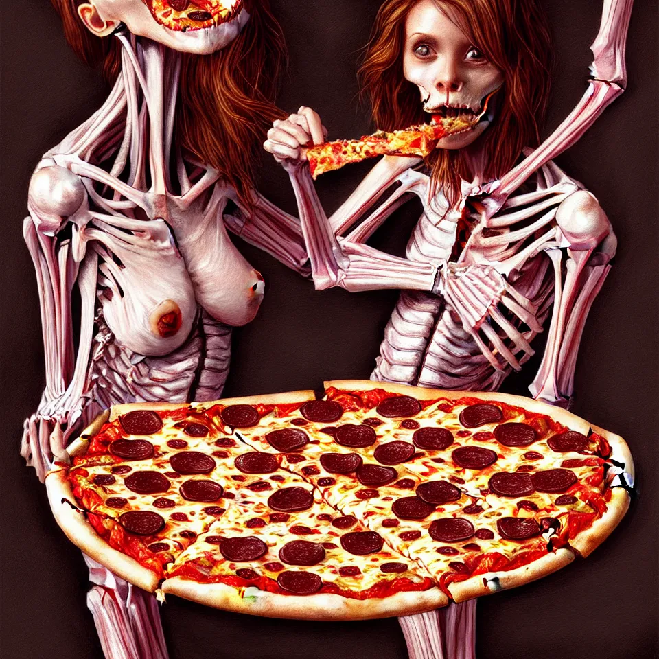 Prompt: bright realistic anorexic ribs boney obese eating herself to death, pizza, appartment, rotten flesh, diffuse lighting, fantasy, intricate, elegant, highly detailed, lifelike, photorealistic, digital painting, artstation, illustration, concept art, smooth, sharp focus, art by francis bacon