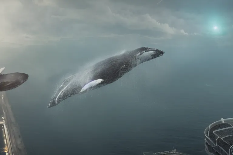 Image similar to a realistic cinematic still of humpback whale flying over the NFL Super Bowl Stadium cinematic lighting by Jessica Rossier