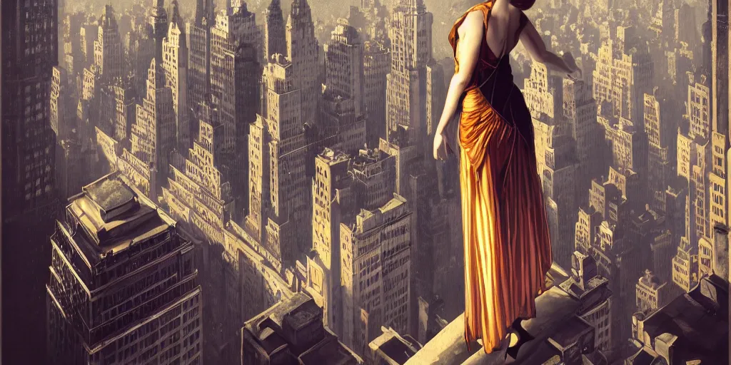 Image similar to a woman standing on a ledge overlooking an axonometric 1920s New York City, by Rolf Armstrong and Evelyn De Morgan and Bastien Lecouffe-Deharme, dramatic lighting, high contrast colors, baroque, empyrean, panoramic view, as trending on Artstation, highly detailed, cryengine,