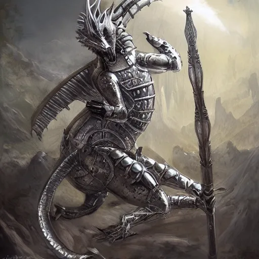 Image similar to anthro silver dragon wearing a medieval armor, holding a sword, digital art, fantasy art, matte painting, renaissance painting