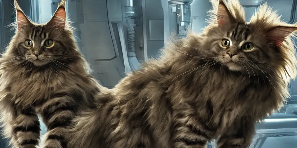 Image similar to a 3 d rendered movie still a robotic maine coon cat scanner. a cat scan. science fiction blockbuster movie from the future, imax 7 0 mm. the mandalorian ( american space western television series )