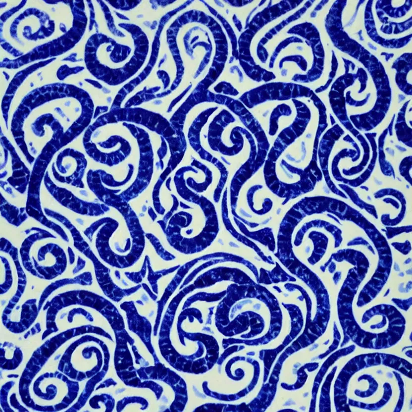 Image similar to azulejo blue and white painted tile art of cthulhu