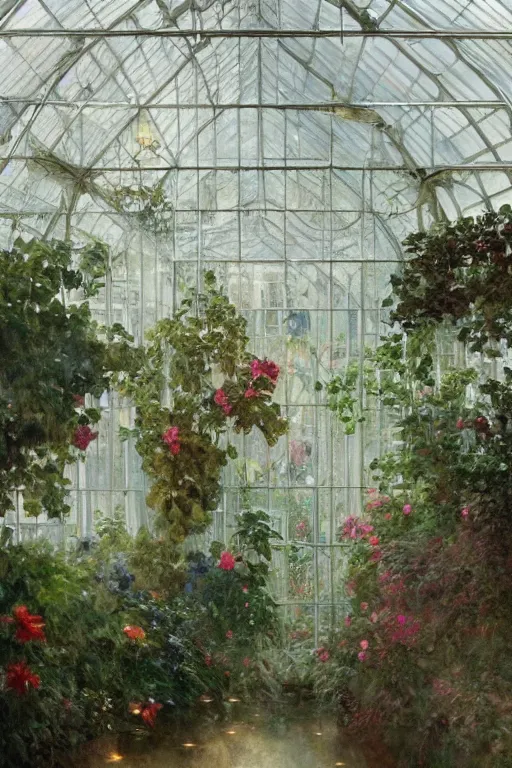 Prompt: a beautiful painting of a greenhouse, beside the window, rainy, gloomy and depressed, dark, low saturation, rococo, by krenz cushart and mucha and monet, trending on artstation.